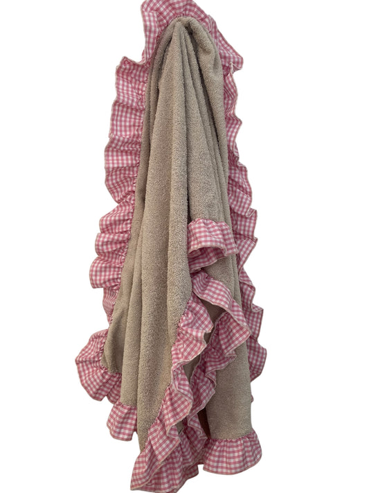 Telo da MARE 100% spugna e frappa color vichy ROSA BABY